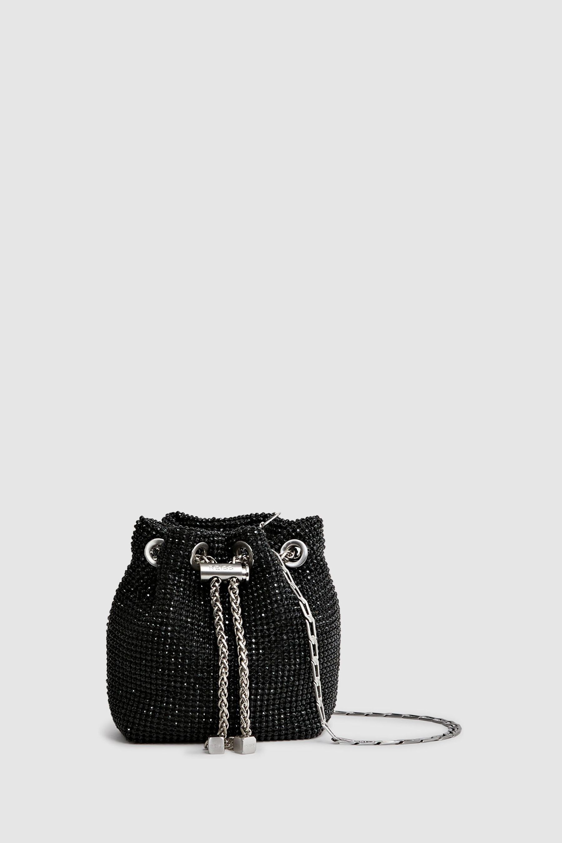 Reiss Black Demi Crystal Mini Bucket Bag