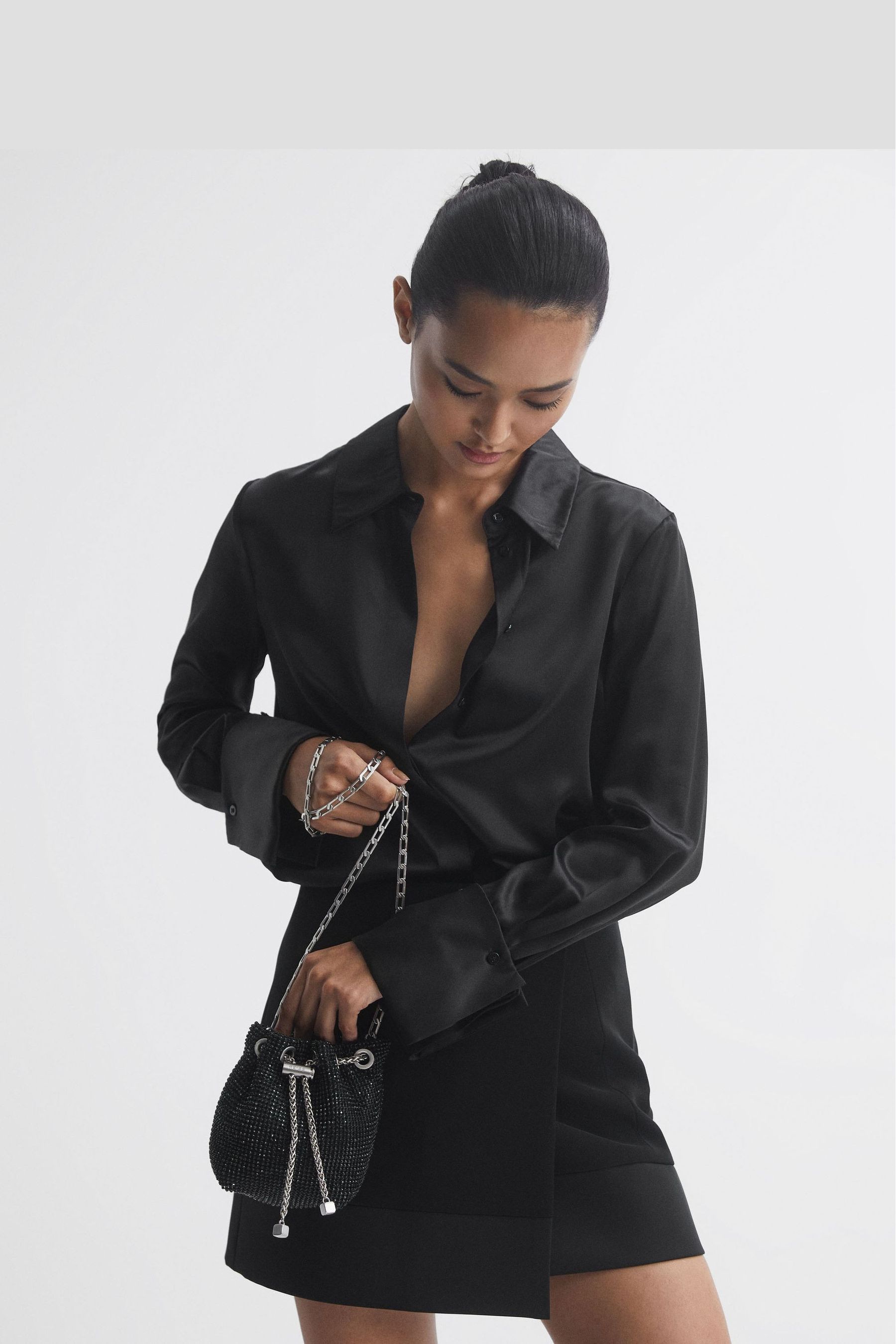 Reiss Black Demi Crystal Mini Bucket Bag