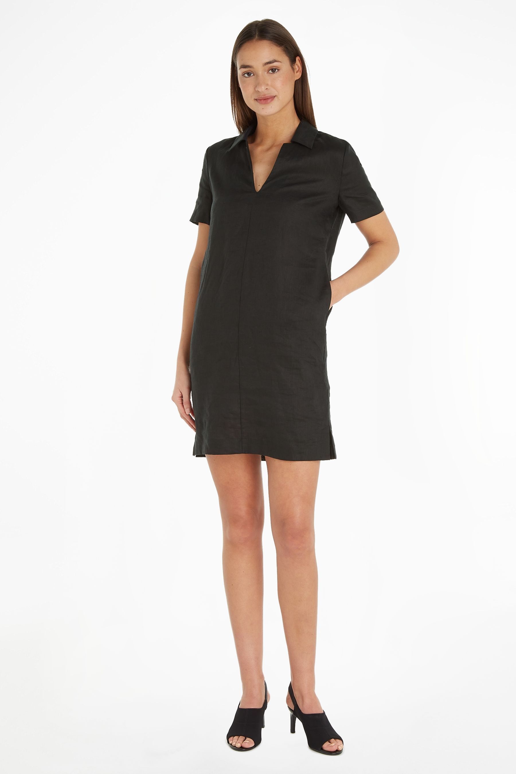 Buy Calvin Klein Linen Short Sleeve Mini Black Dress from Next Luxembourg