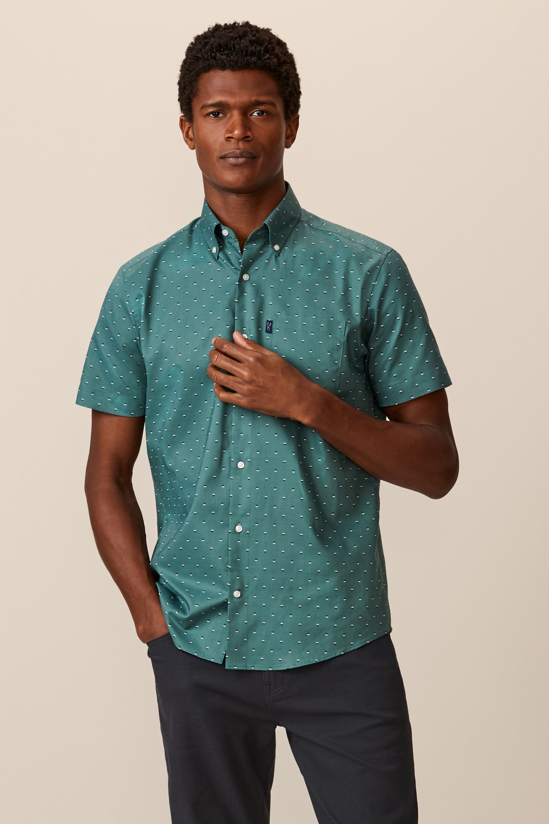 Buy Green Geometric Easy Iron Button Down Short Sleeve Oxford Shirt from Next Luxembourg