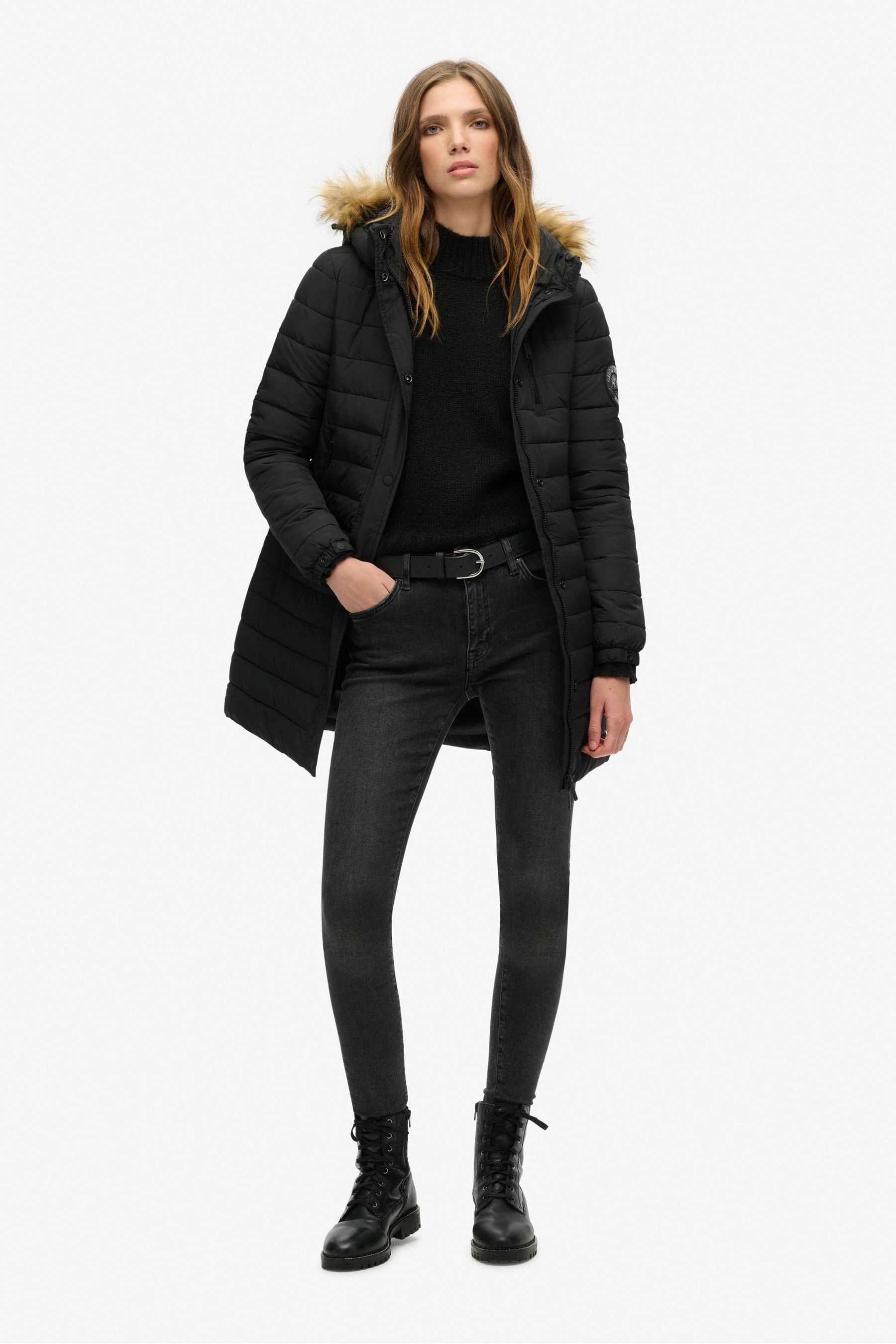 Buy Superdry Black Fuji Hooded Mid Length Puffer Jacket from the
