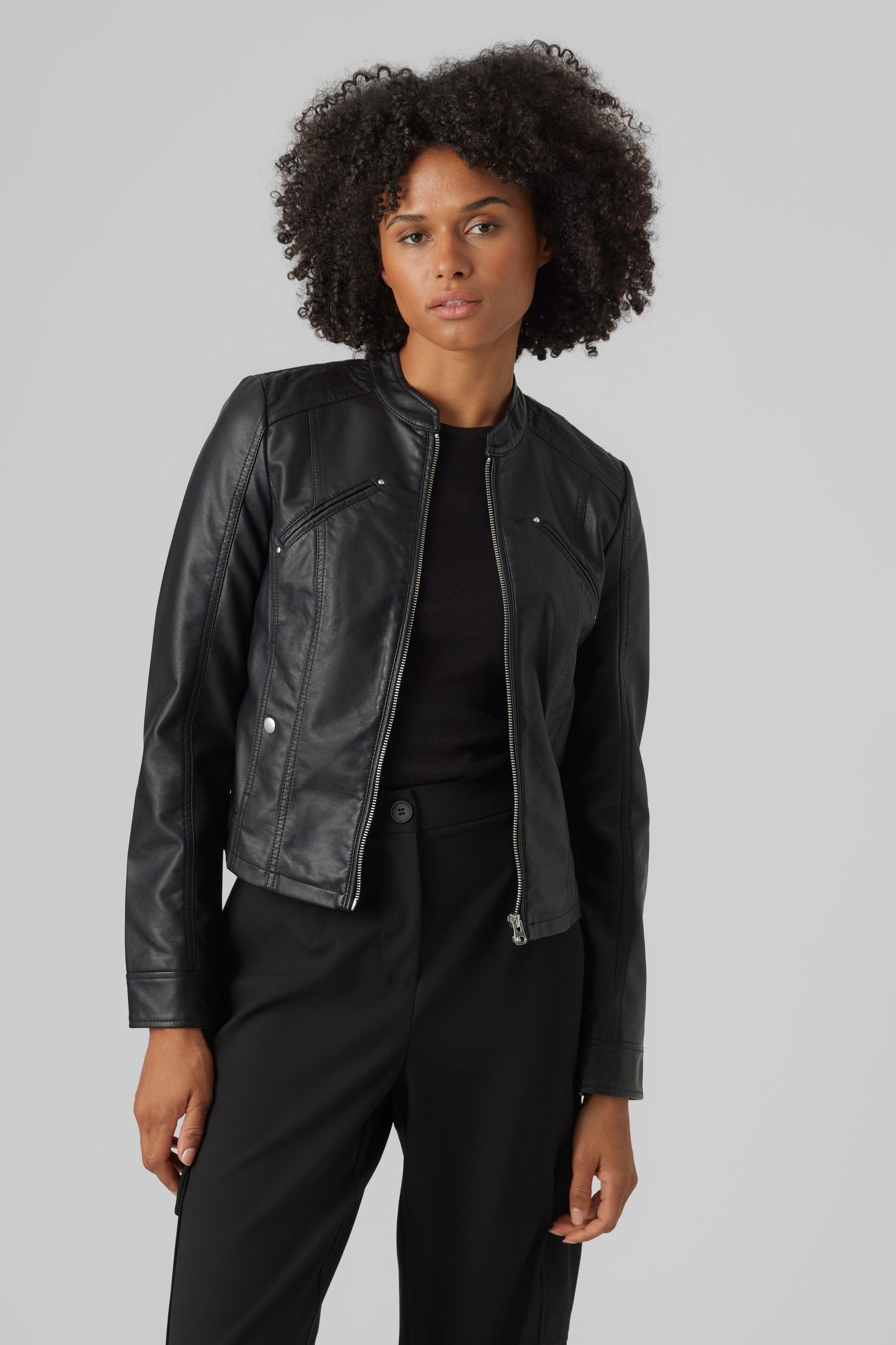 Collarless biker jacket shop