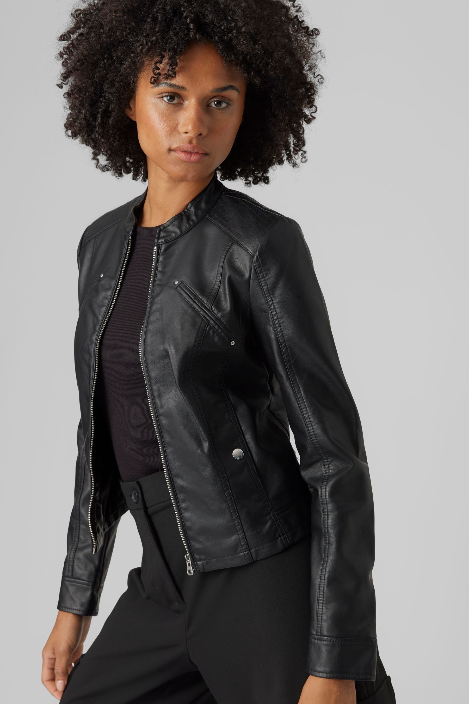 Collarless leather moto jacket online