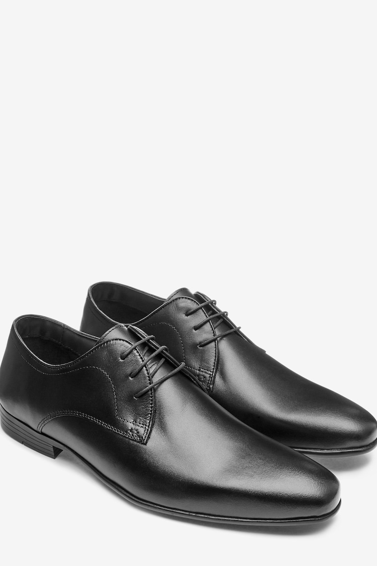 Black Regular Fit Leather Plain Derby Shoes - Image 2 of 4