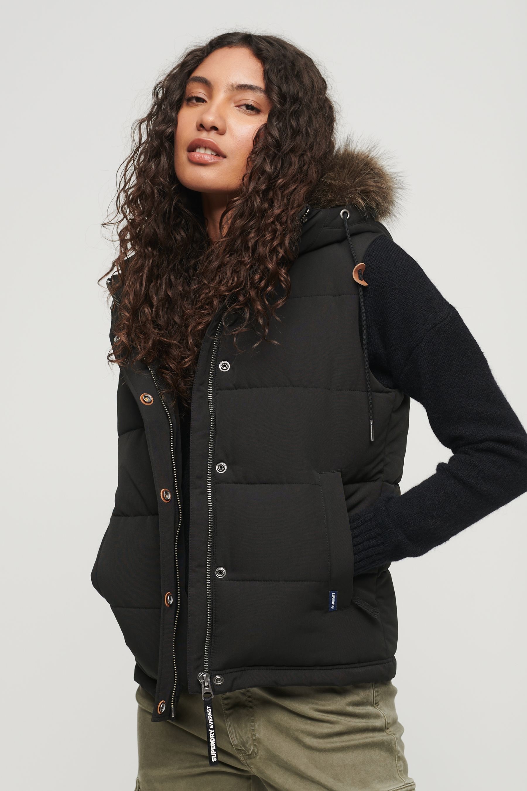 Superdry Black Everest Faux Fur Puffer 100 Cotton Gilet 8 Womens