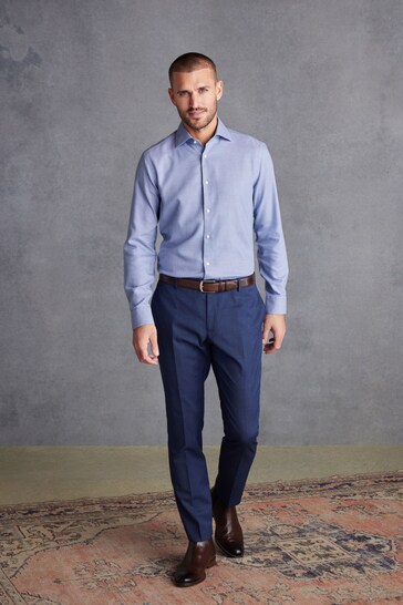 Blue Textured Slim Fit Signature Super Non Iron Single Cuff Shirt with Cutaway Collar