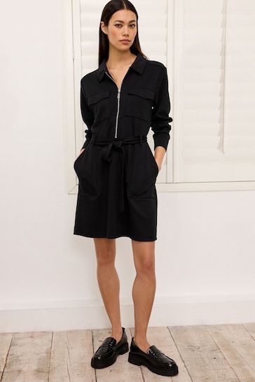 Black Mini Long Sleeve Soft Slinky Belted Dress