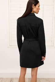 Black Mini Long Sleeve Soft Slinky Belted Dress - Image 3 of 6