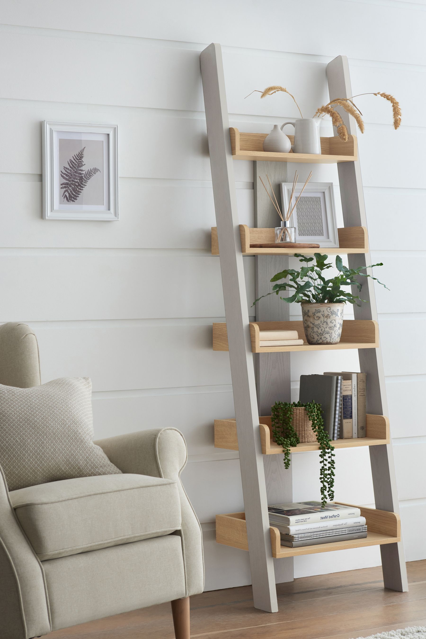 Grey top ladder shelf
