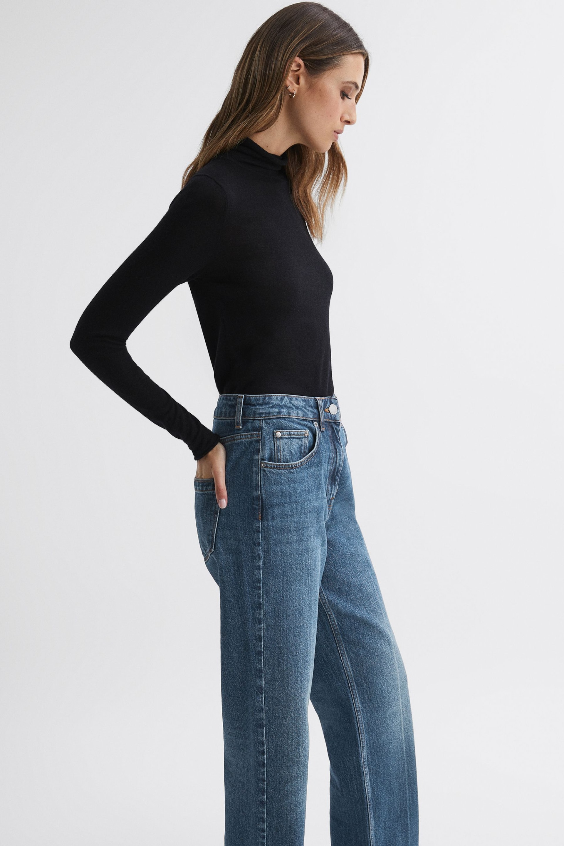 Reiss Mid Blue Hallow High Rise Straight Leg Jeans - Image 4 of 5