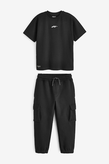 Black Cargo Joggers And T-Shirt Set (3-16yrs)