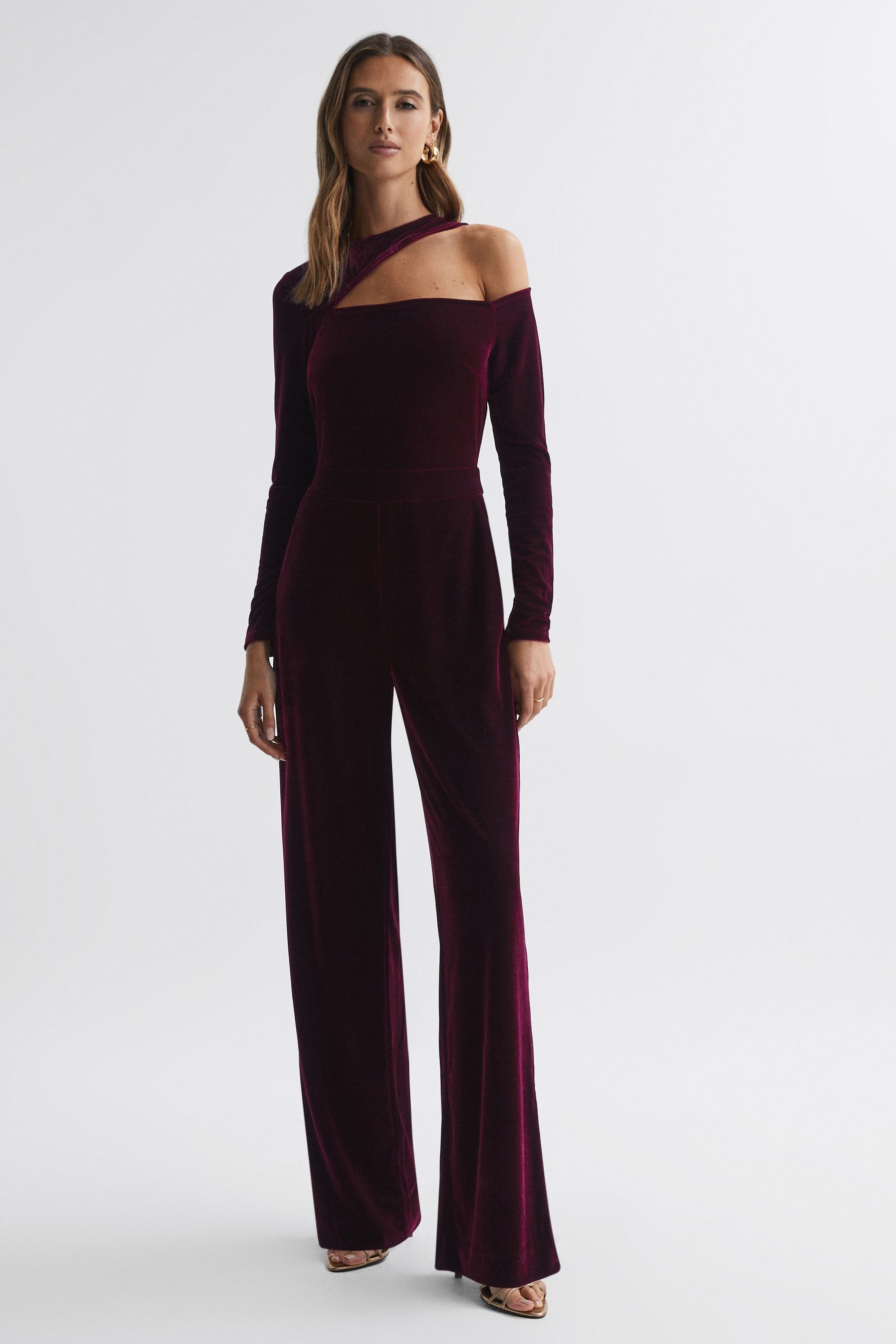 Velvet off the shoulder jumpsuit hot sale