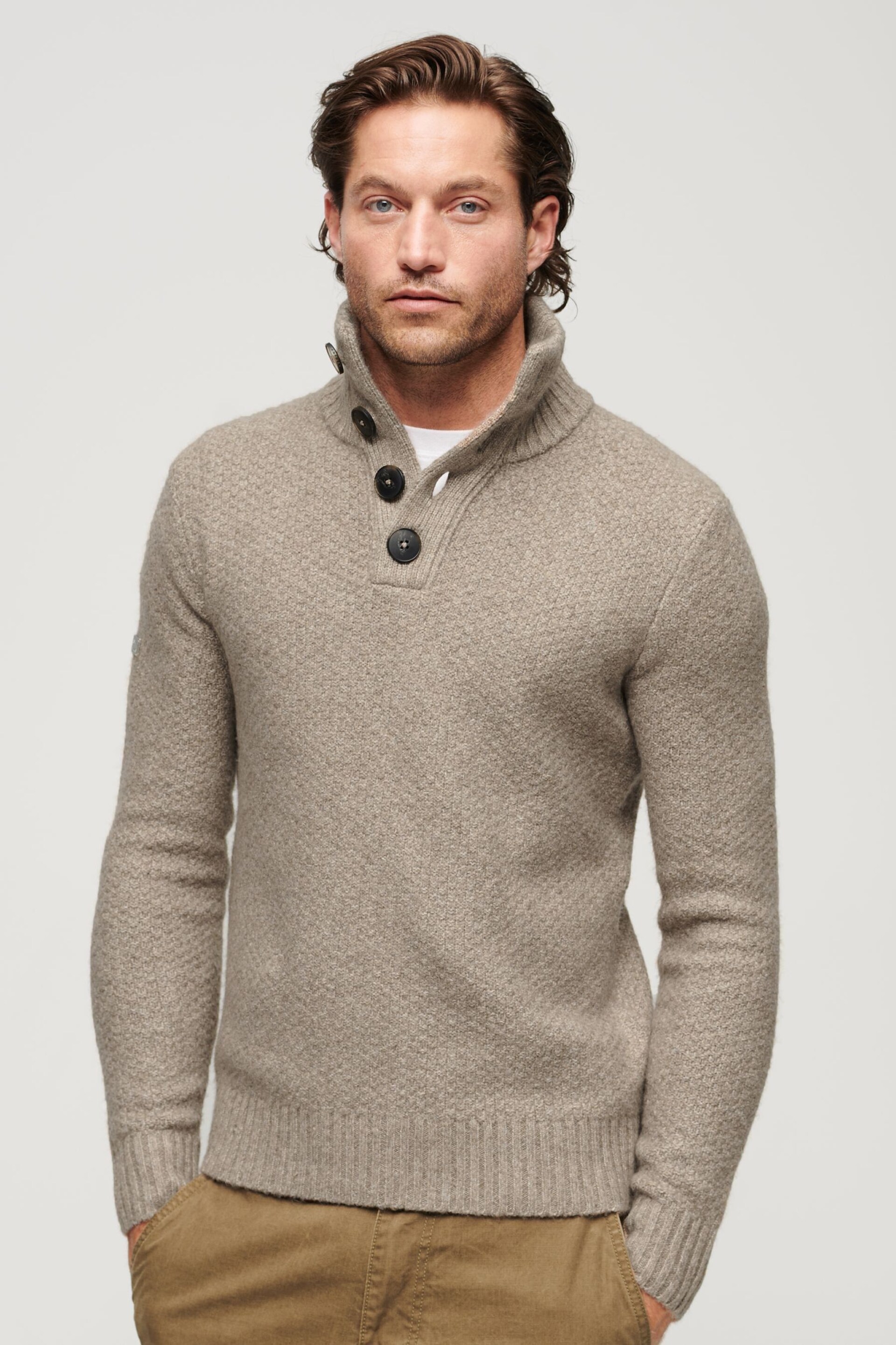 Superdry Beige Chunky Button High Neck Jumper - Image 1 of 6