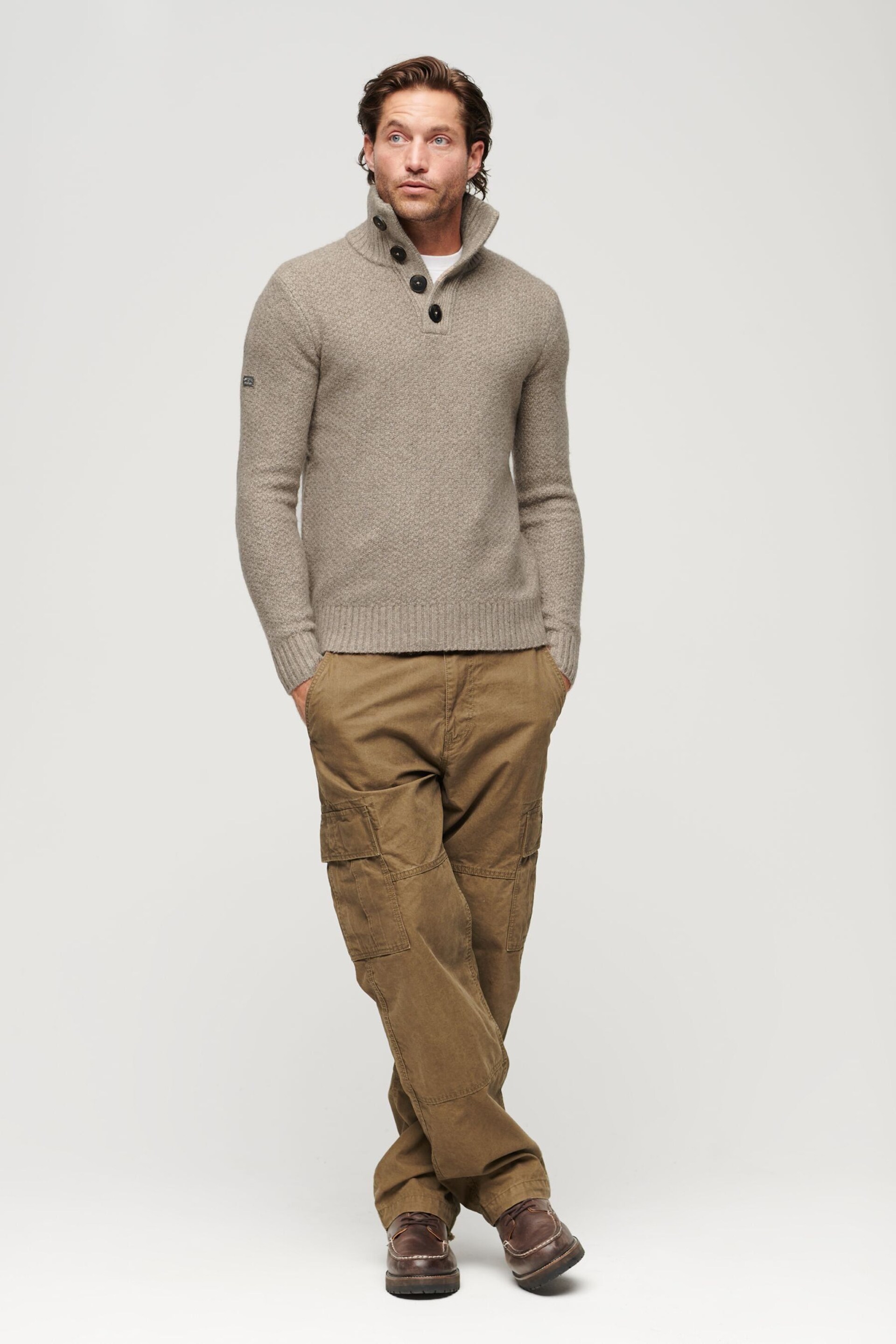 Superdry Beige Chunky Button High Neck Jumper - Image 2 of 6