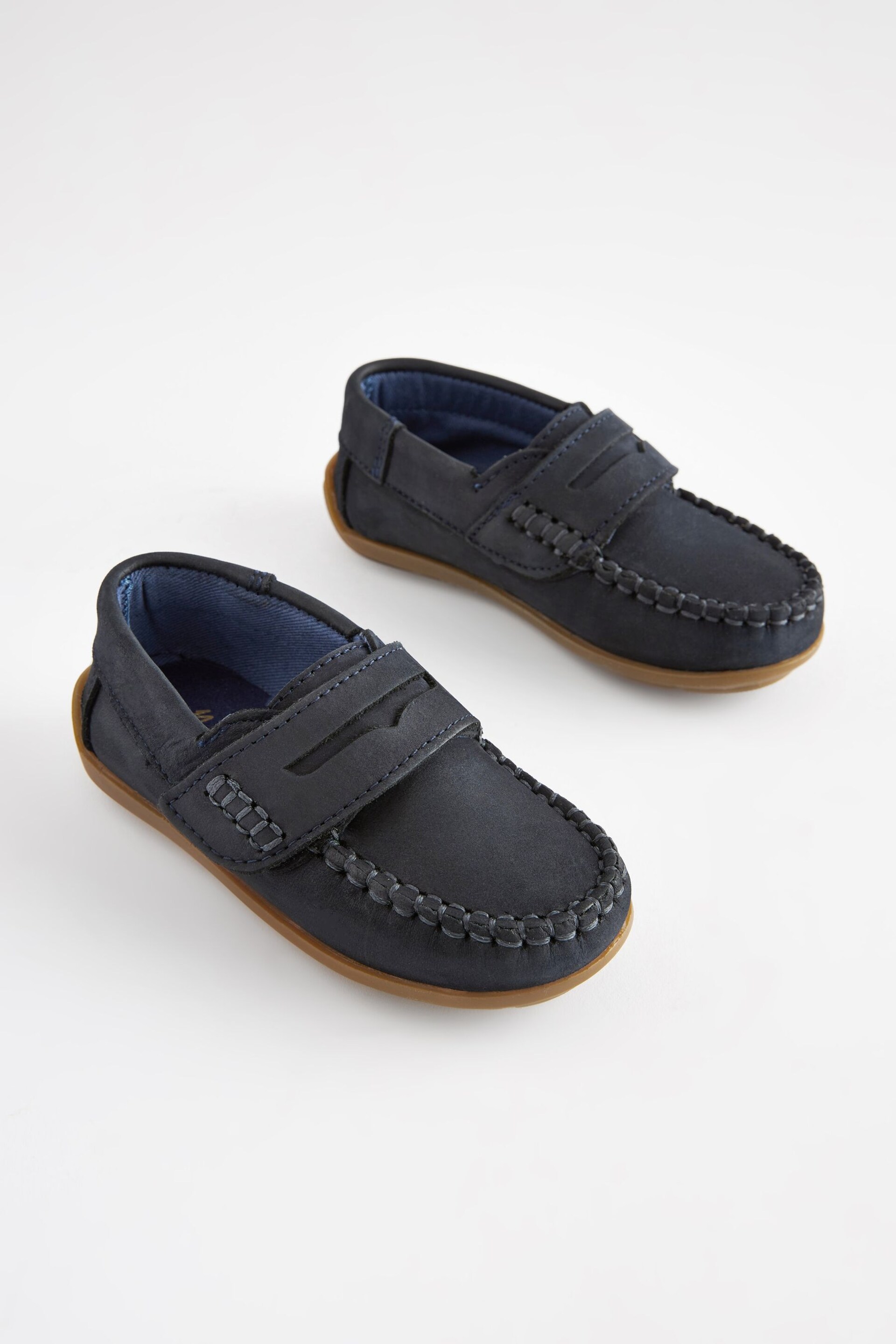 Navy Wide Fit (G) Leather Penny Loafers with Touch and Close Fastening - Image 1 of 7