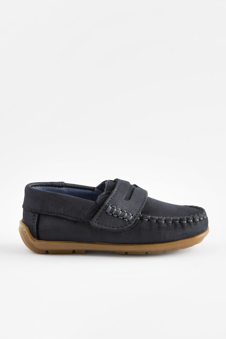 Navy Wide Fit (G) Leather Penny Loafers with Touch and Close Fastening - Image 2 of 7