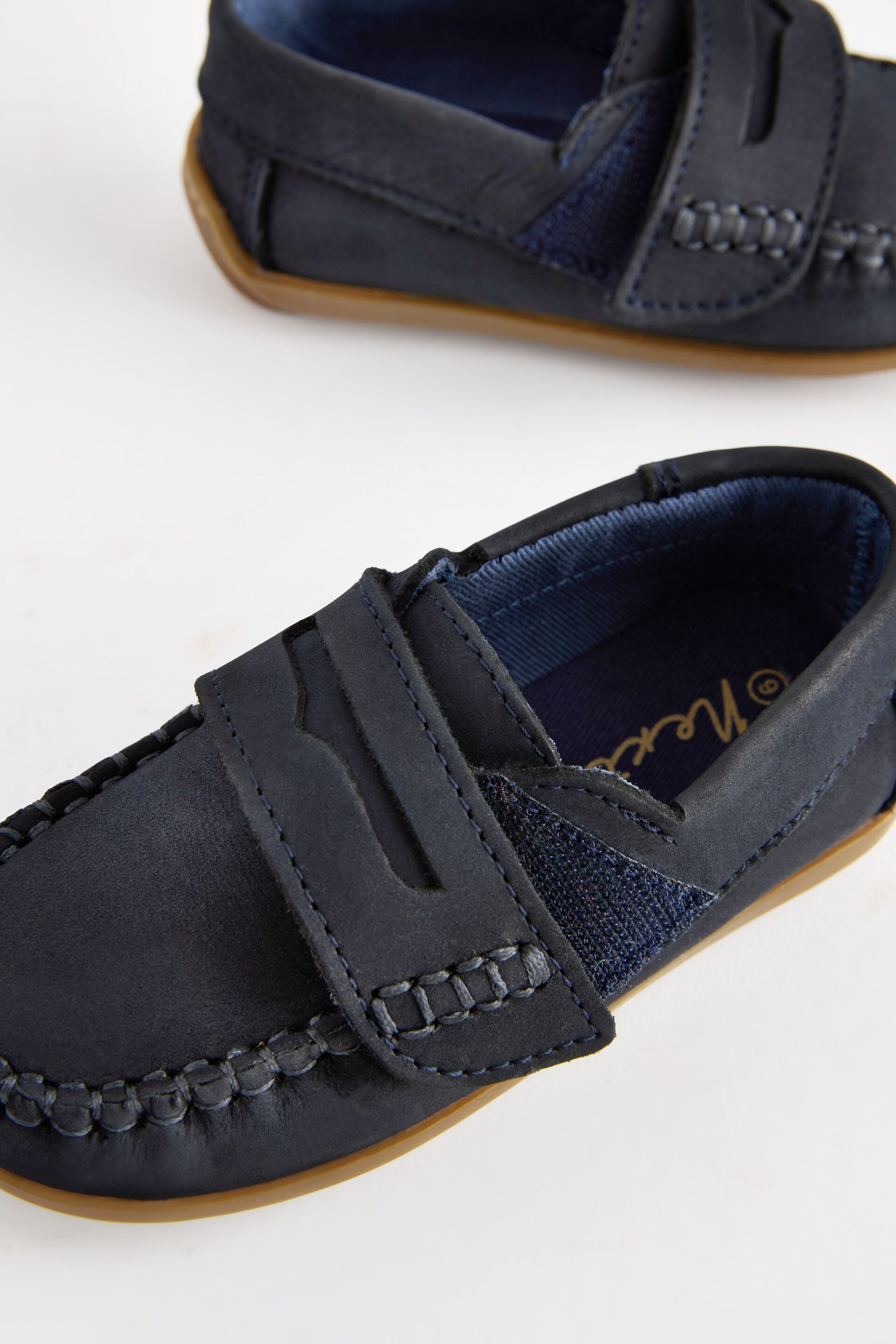 Navy Wide Fit (G) Leather Penny Loafers with Touch and Close Fastening - Image 4 of 7