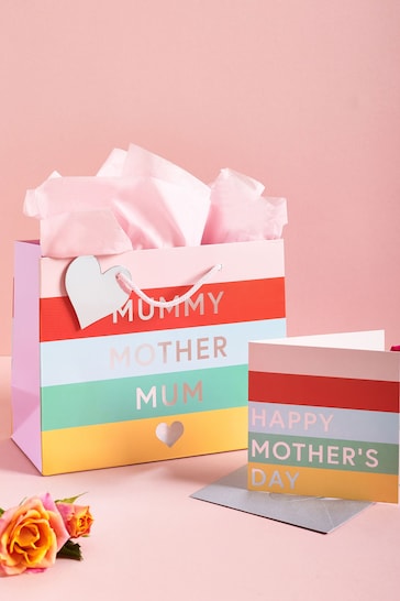 Pink Striped Mother's Day Small Gift Bag and Card Set