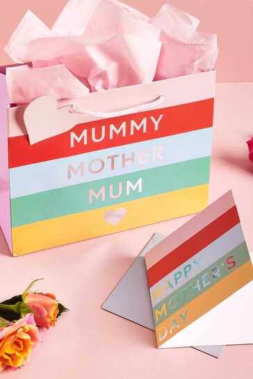 Pink Striped Mother's Day Small Gift Bag and Card Set