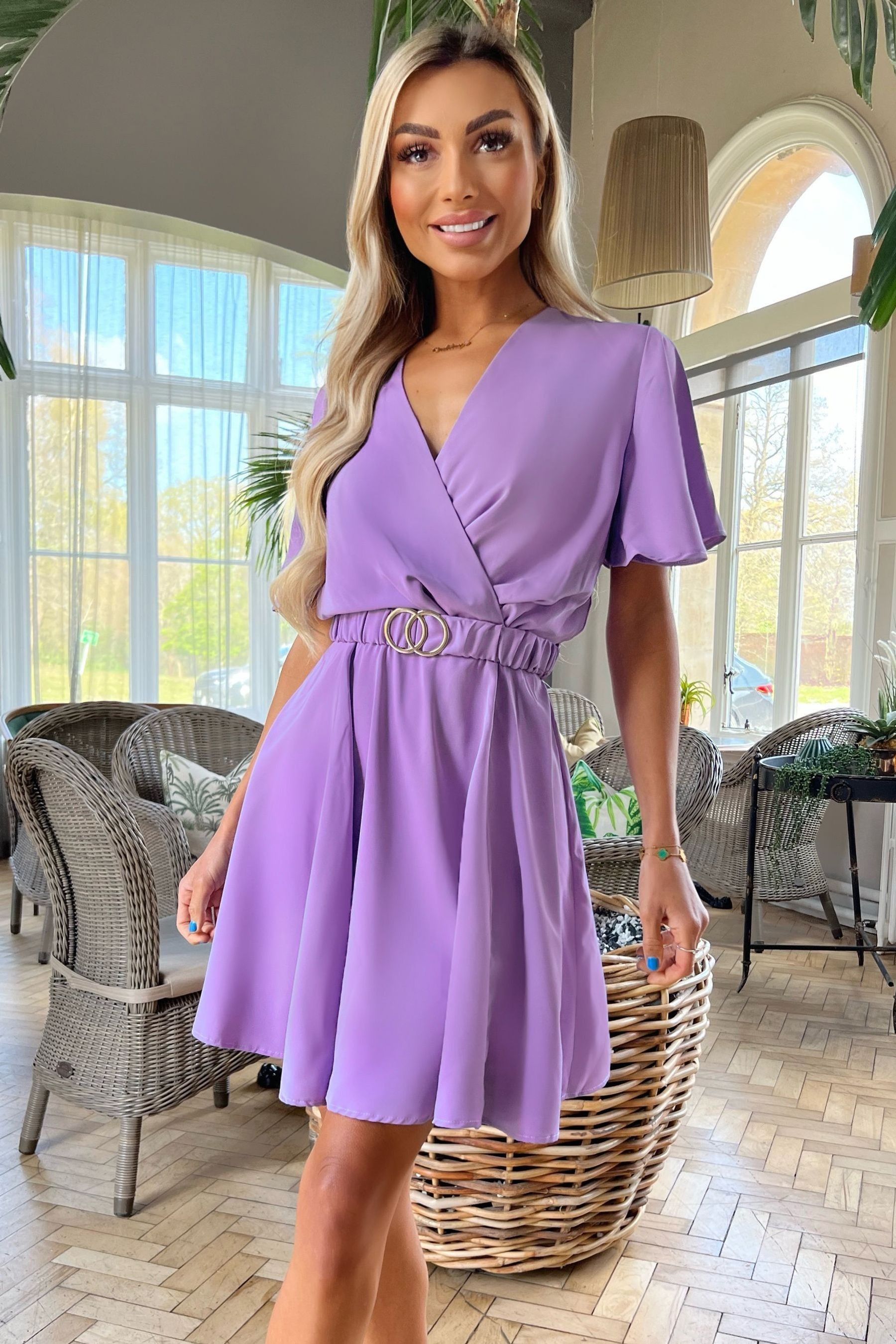Buy AX Paris Purple Wrap Over Belted Skater Dress With Short Sleeves from Next Luxembourg