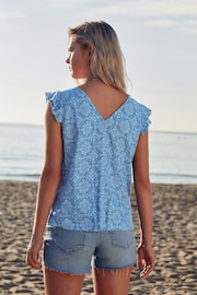 Blue Linen Blend Ruffle Sleeve Top - Image 3 of 6