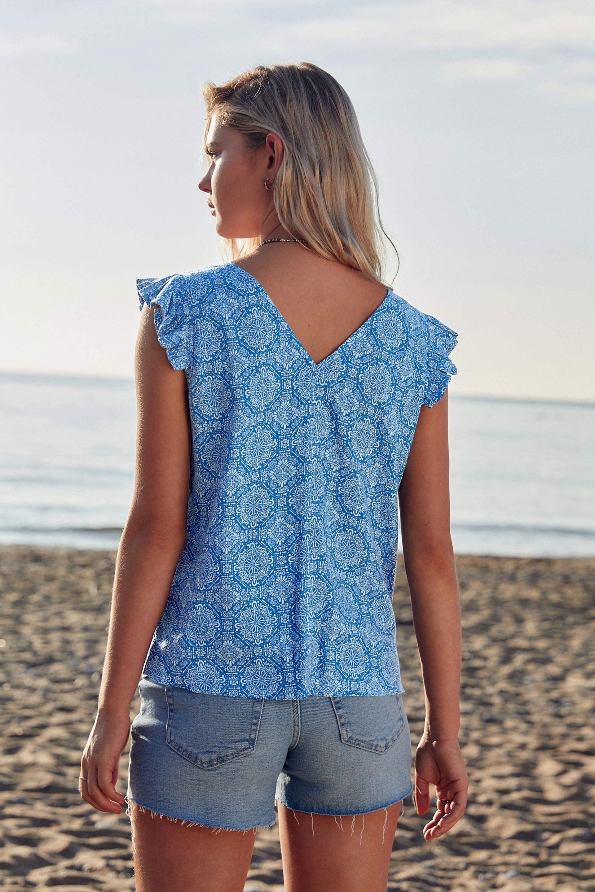 Blue Linen Blend Ruffle Sleeve Top - Image 3 of 6