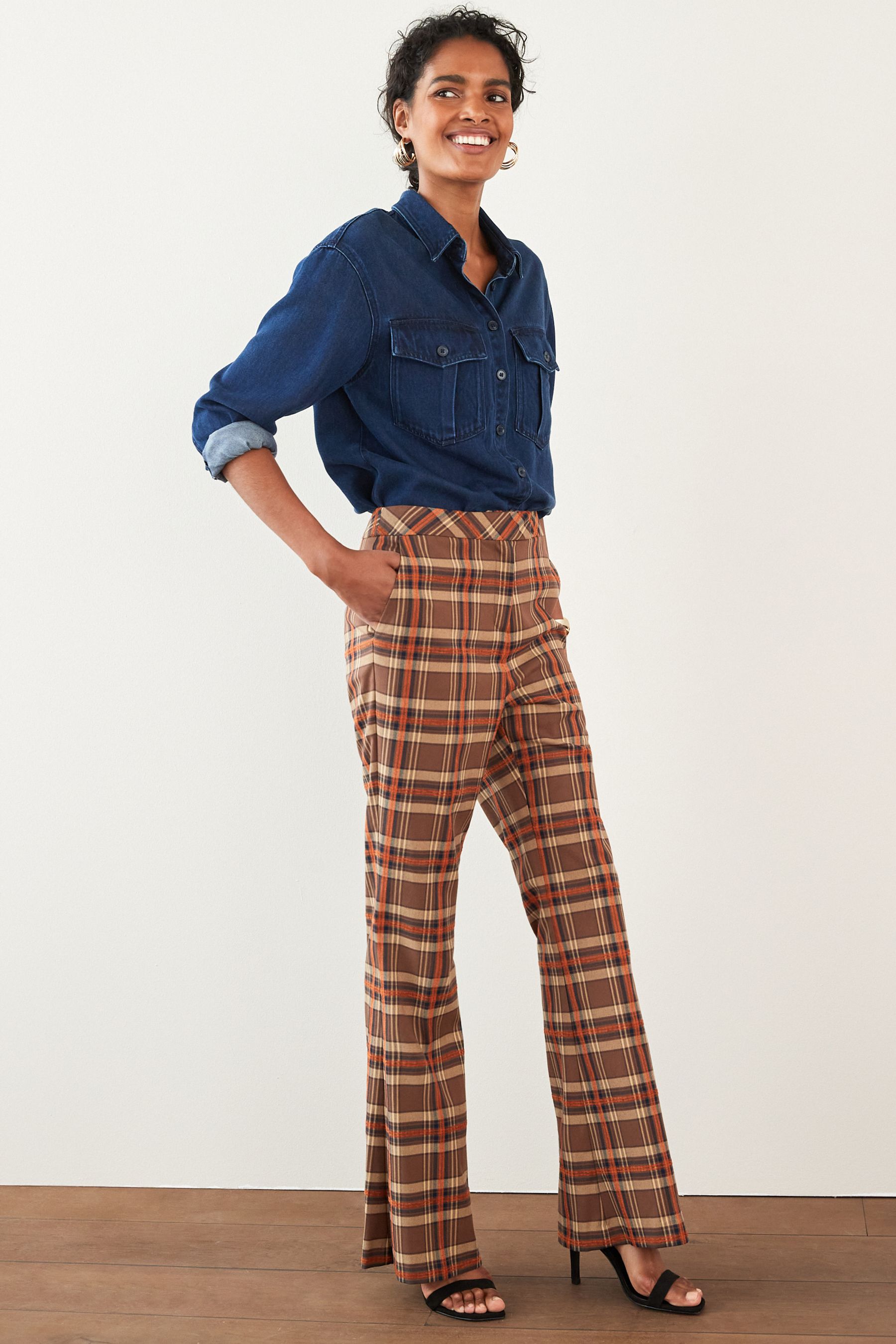 Buy Brown Orange Check Wide Flare Trousers from Next Luxembourg