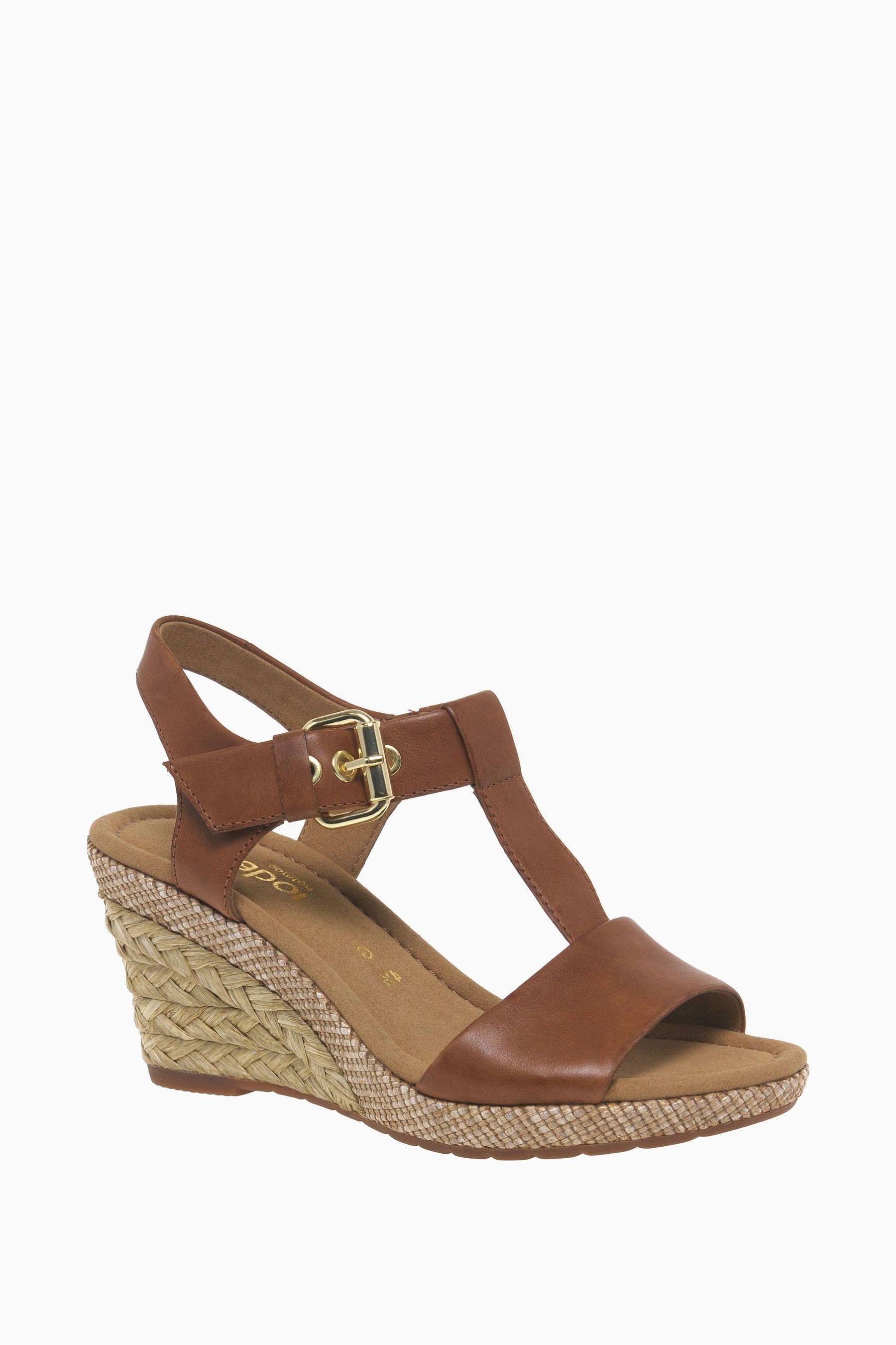 Gabor Brown Karen Peanut Leather Wedge Sandals