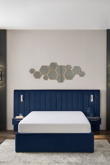 Soft Velvet Navy Blue Mayfair Upholstered Hotel Bed Frame with Ottoman Storage Bedside Tables and Lights