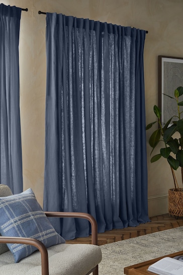 Blue Washed Cotton Linen Hidden Tab Top Lined Curtains