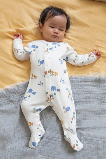 JoJo Maman Bébé Cream Safari Print Cotton Baby Sleepsuit