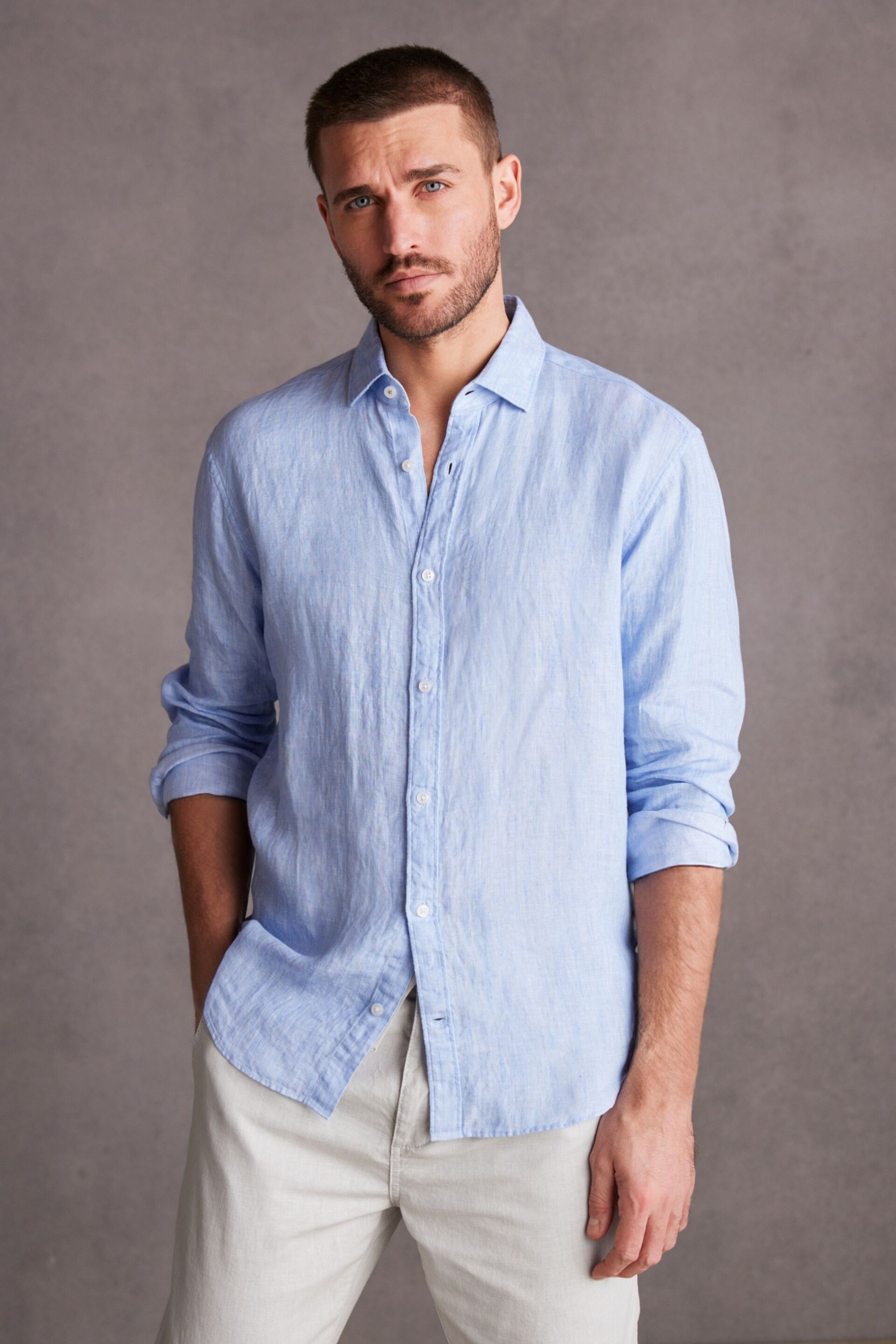 Light Blue Regular Fit Signature Linen Shirt - Image 1 of 7