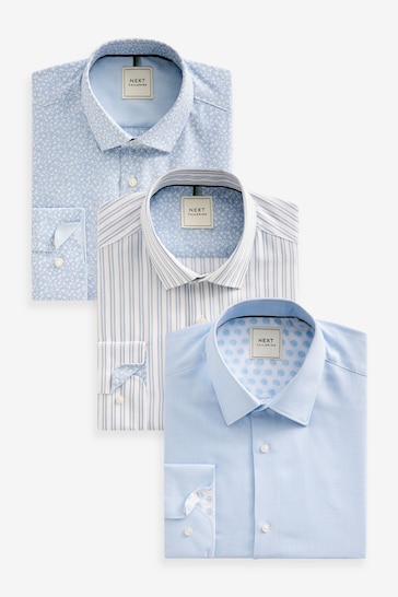 Light Blue/White Floral Slim Fit Easy Care Single Cuff Shirts 3 Pack
