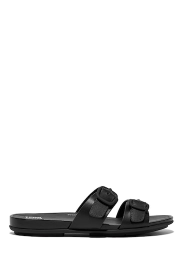 Buy FitFlop Gracie Black Rubbre-Buckle Two-Bar Leather Slides from the ...