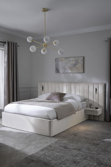 Soft Velvet Natural Oyster Mayfair Upholstered Hotel Bed Frame with Ottoman Storage Bedside Tables and Lights