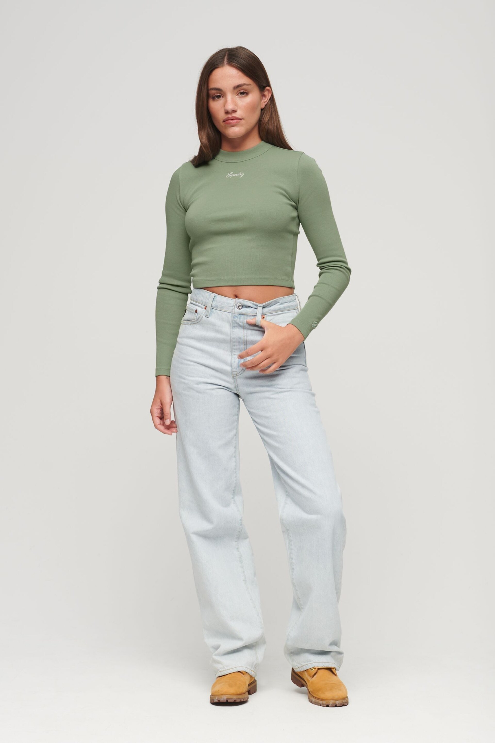Superdry Light Green Rib Long Sleeve Fitted Top - Image 2 of 6