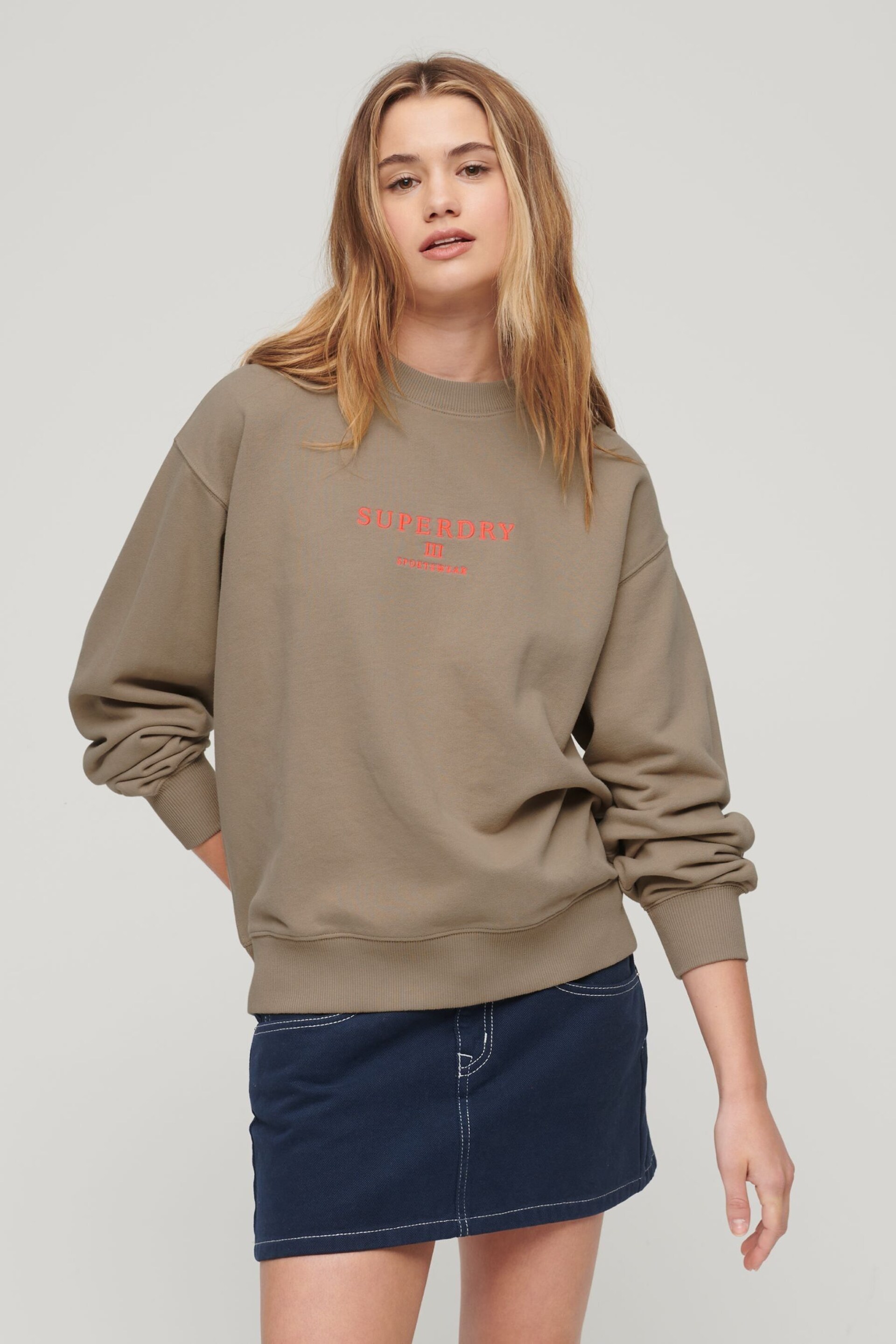 Superdry Cream Embroidered Loose Crew Sweatshirt - Image 1 of 6