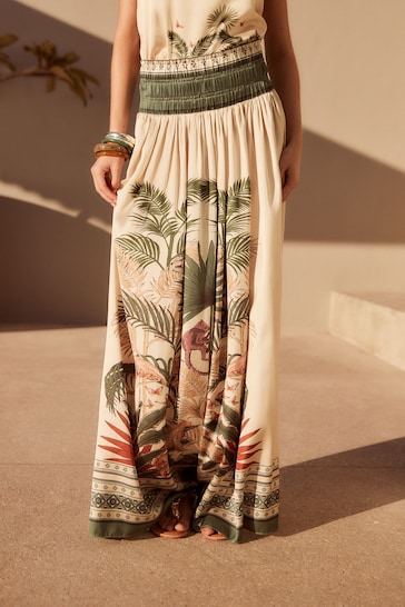 Ecru Satin Tropical Print Maxi Skirt