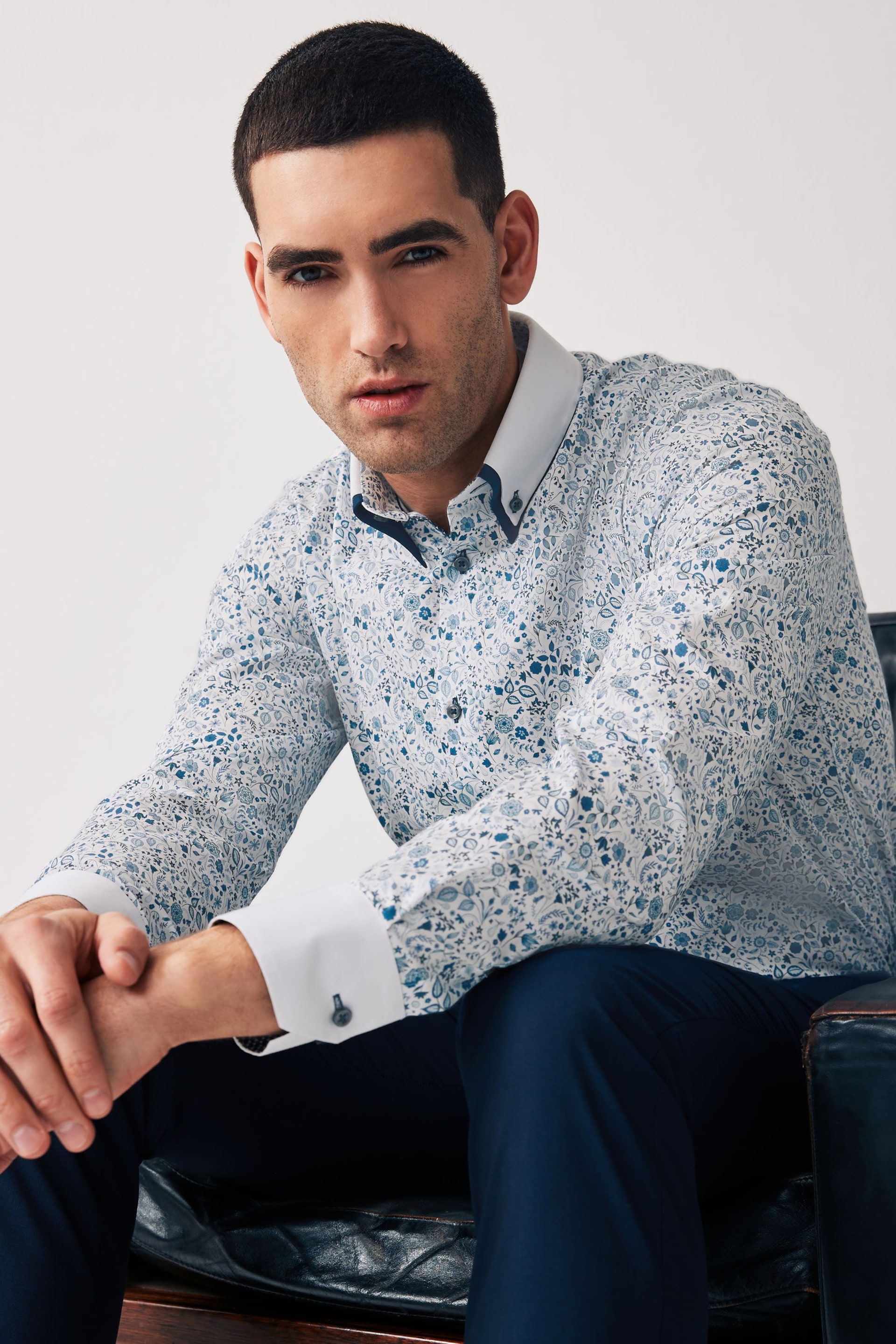Blue Floral Double Collar Regular Fit Trimmed Formal Double Cuff Shirt - Image 1 of 7