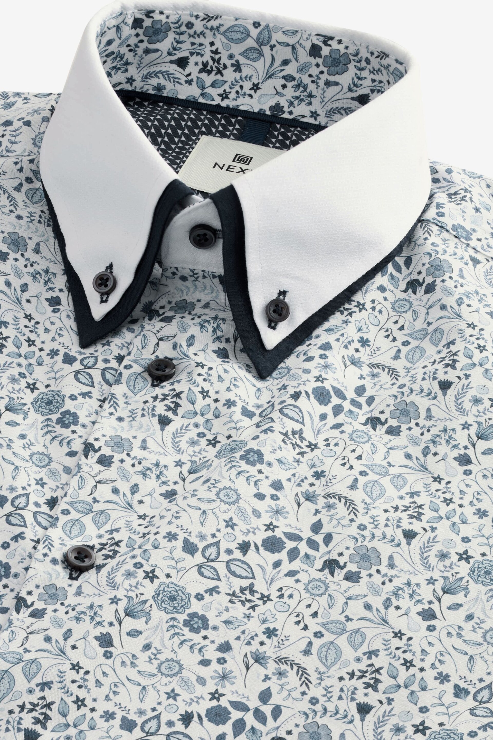 Blue Floral Double Collar Regular Fit Trimmed Formal Double Cuff Shirt - Image 5 of 7