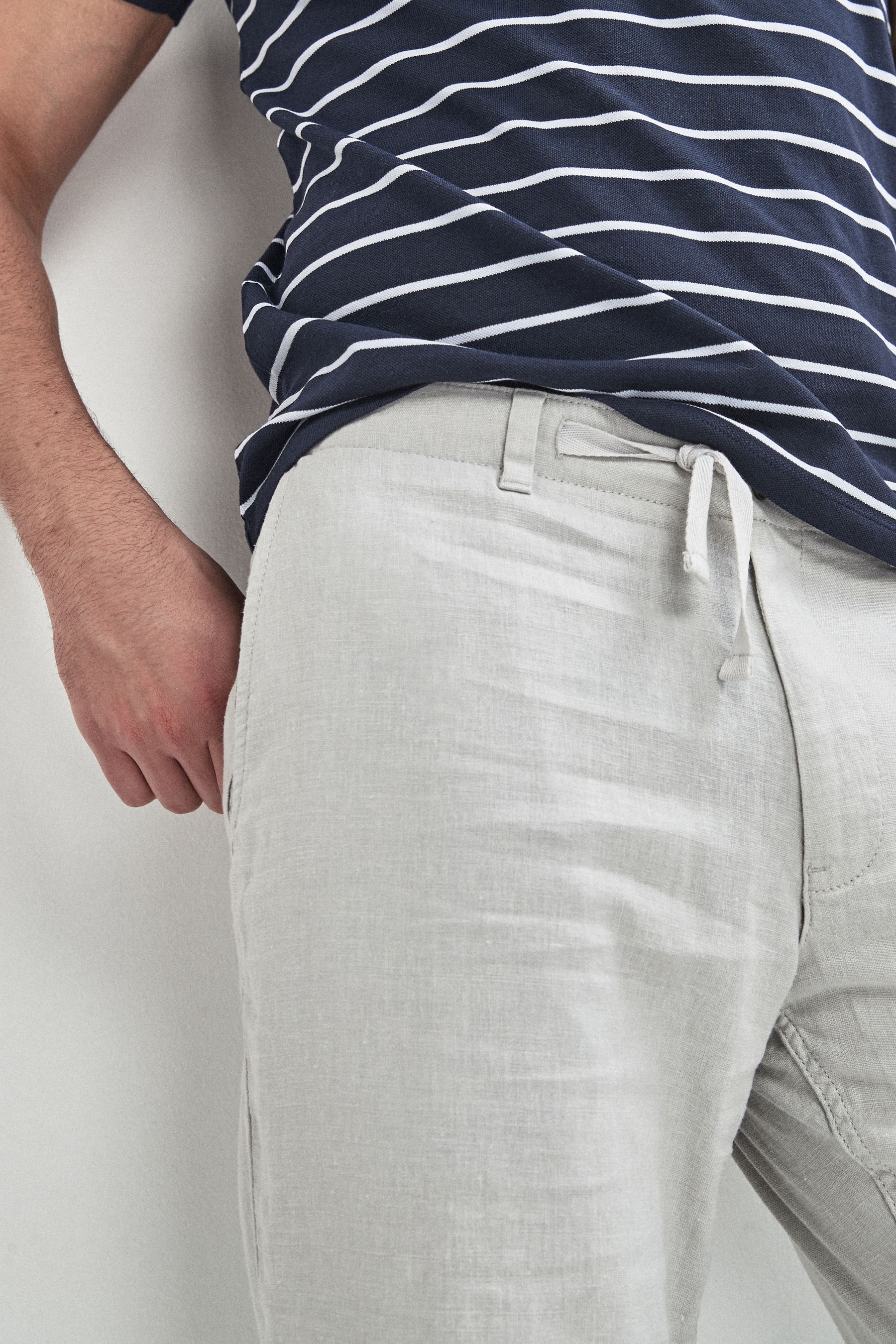 Light Grey Linen Blend Drawstring Trousers