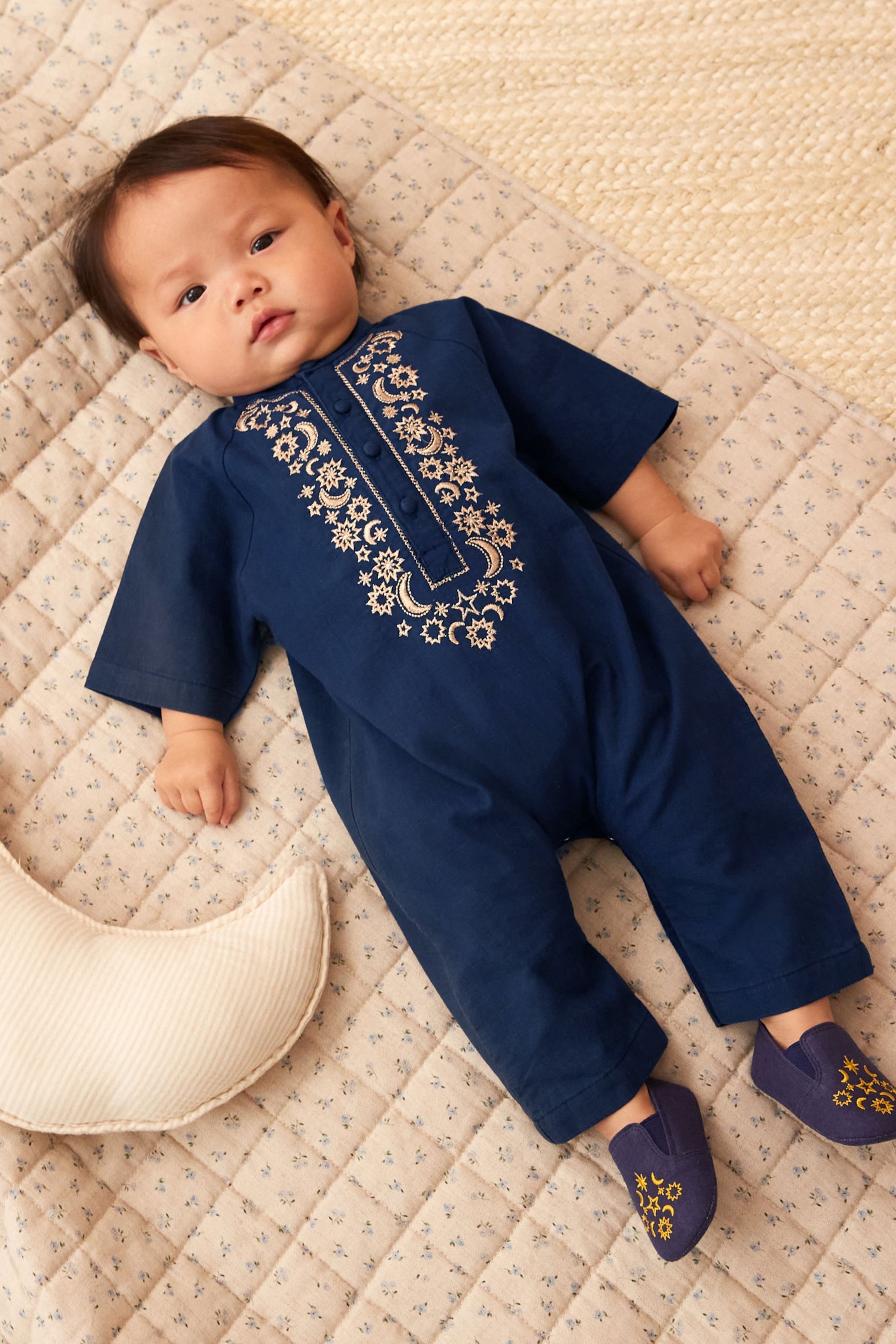 Navy Blue Occasion Linen Blend Baby Romper (0mths-2yrs) - Image 1 of 6