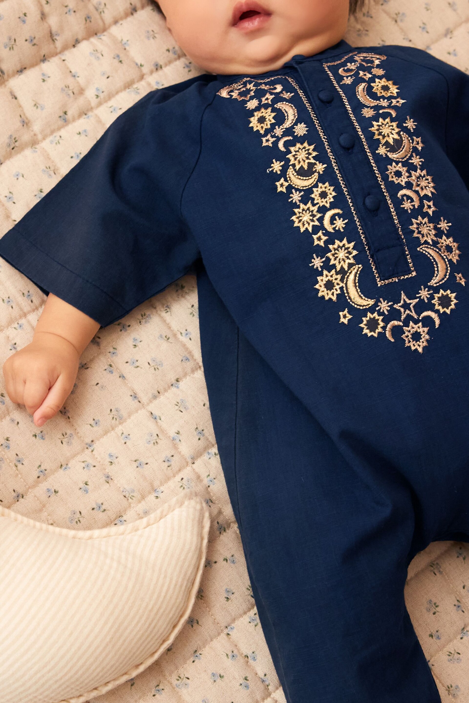 Navy Blue Occasion Linen Blend Baby Romper (0mths-2yrs) - Image 3 of 6