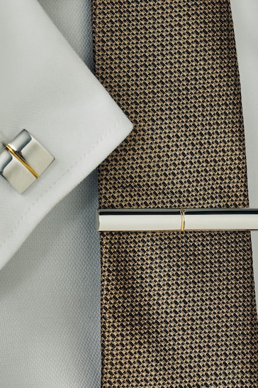 2 Tone Silver/Gold Cufflink And Tie Clip Set