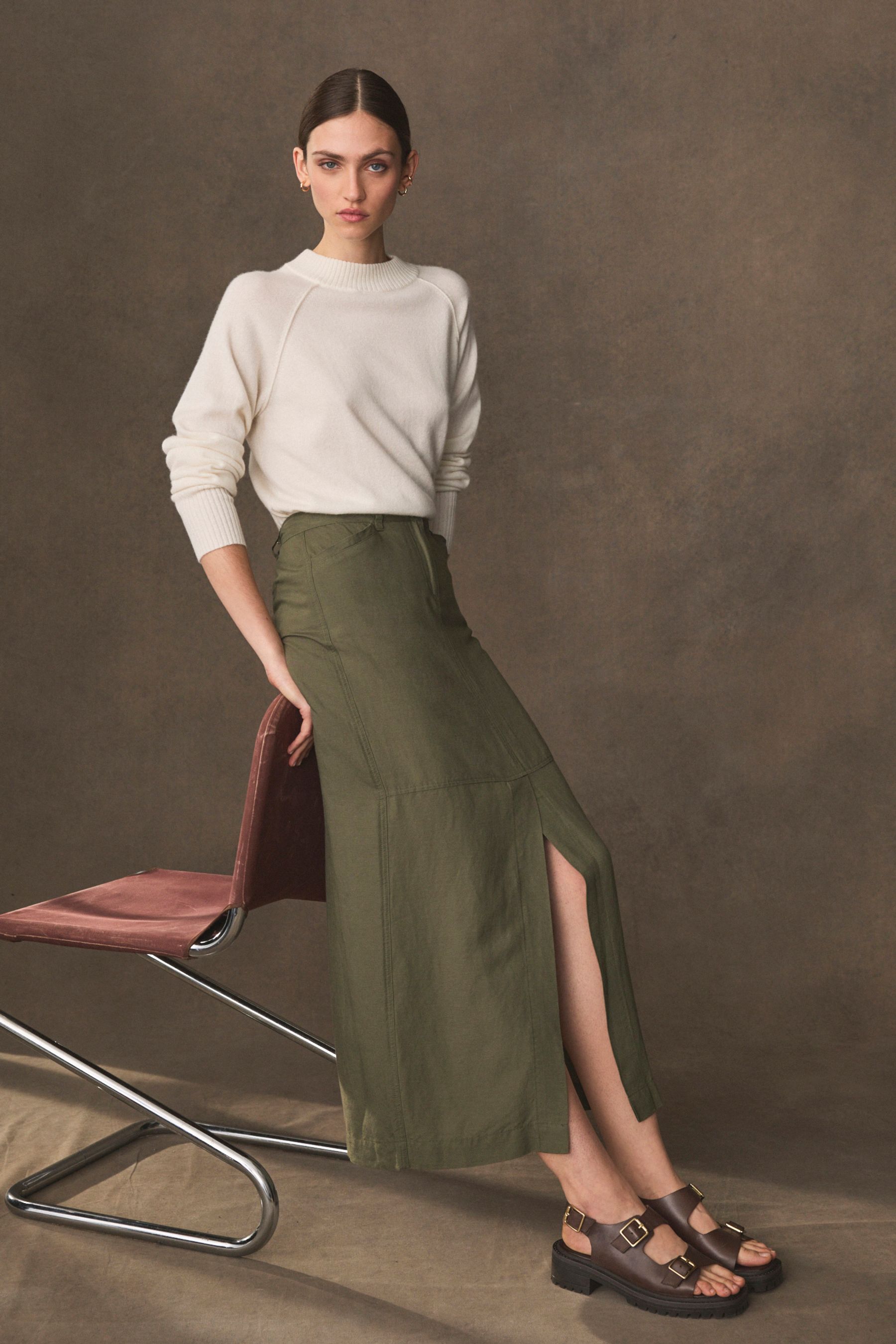 Buy Khaki Green Linen Blend Midi Column Skirt from Next Luxembourg