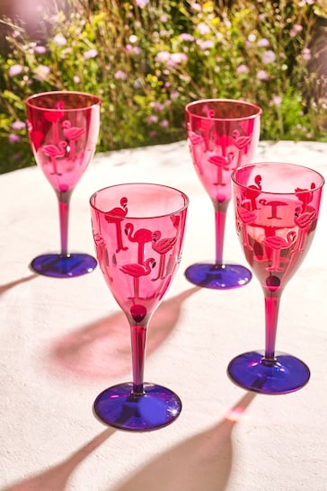 Pink/Purple Flamingo Plastic Picnic Drinkware Set of 4 Wine Glasses