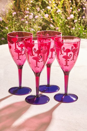 Pink/Purple Flamingo Plastic Picnic Drinkware Set of 4 Wine Glasses