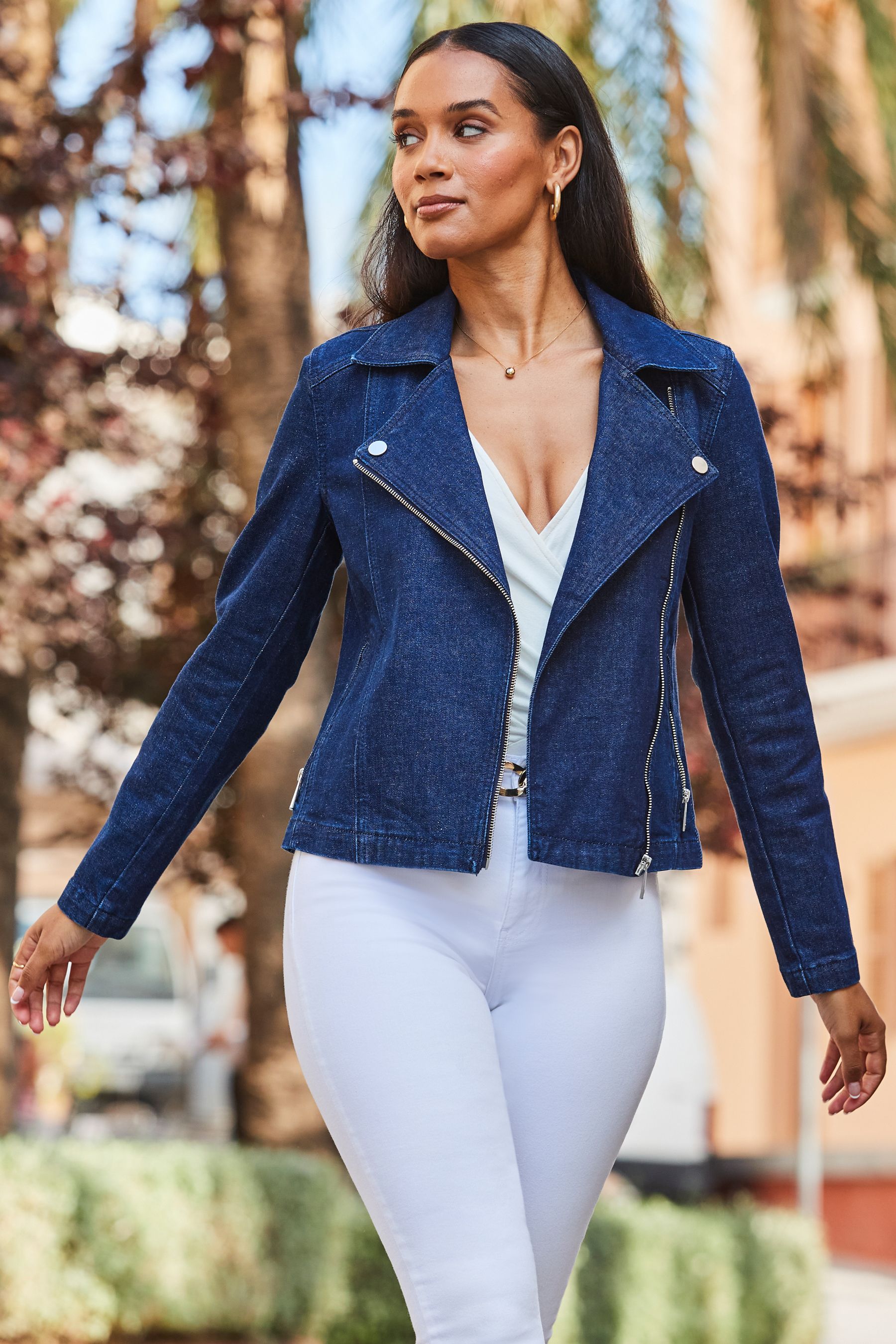 Denim biker on sale jacket womens