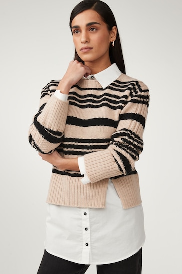 Neutral Brown Stripe Long Sleeve Shirt Layer Jumper