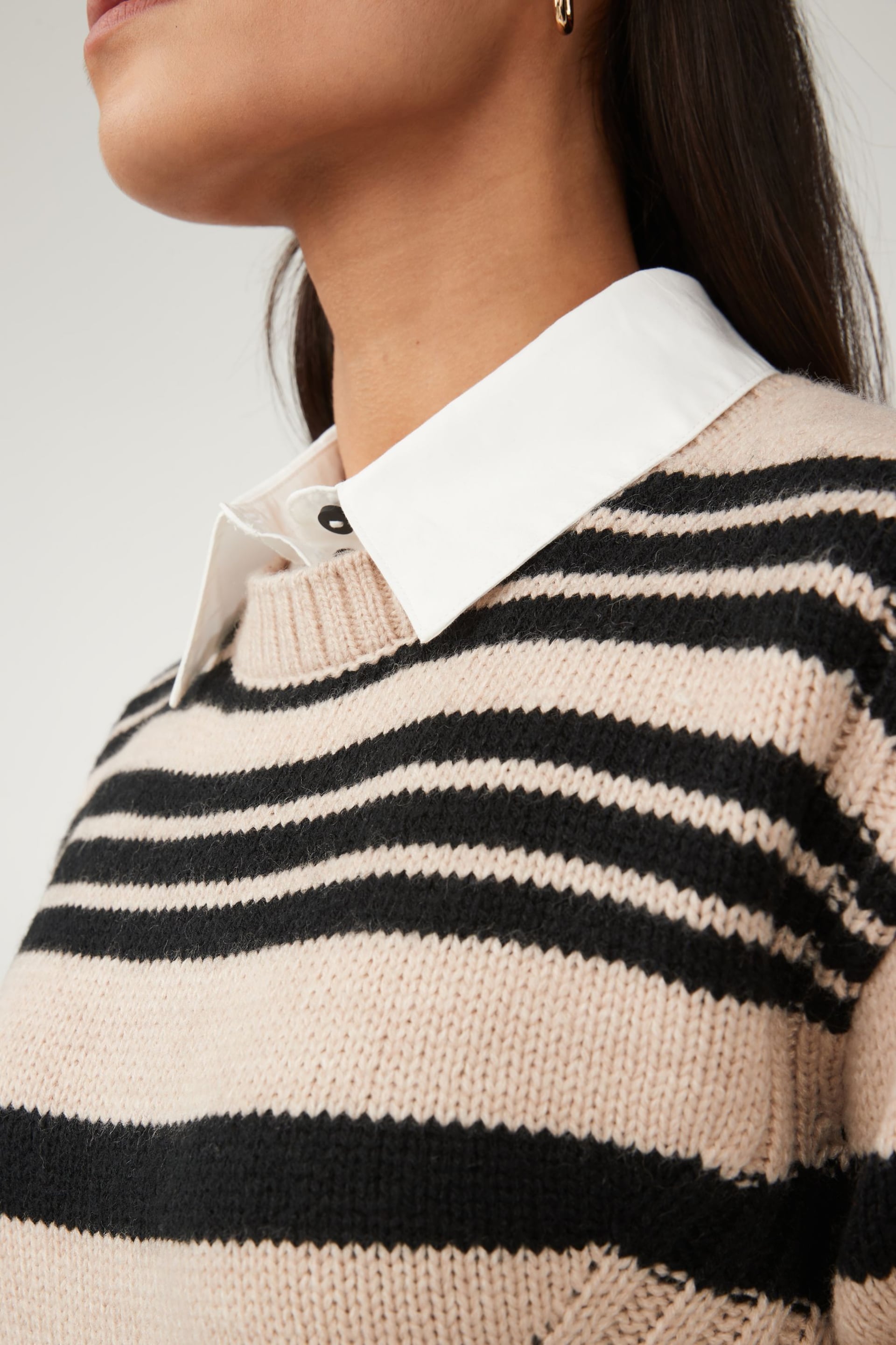 Neutral Brown Stripe Long Sleeve Shirt Layer Jumper - Image 4 of 6